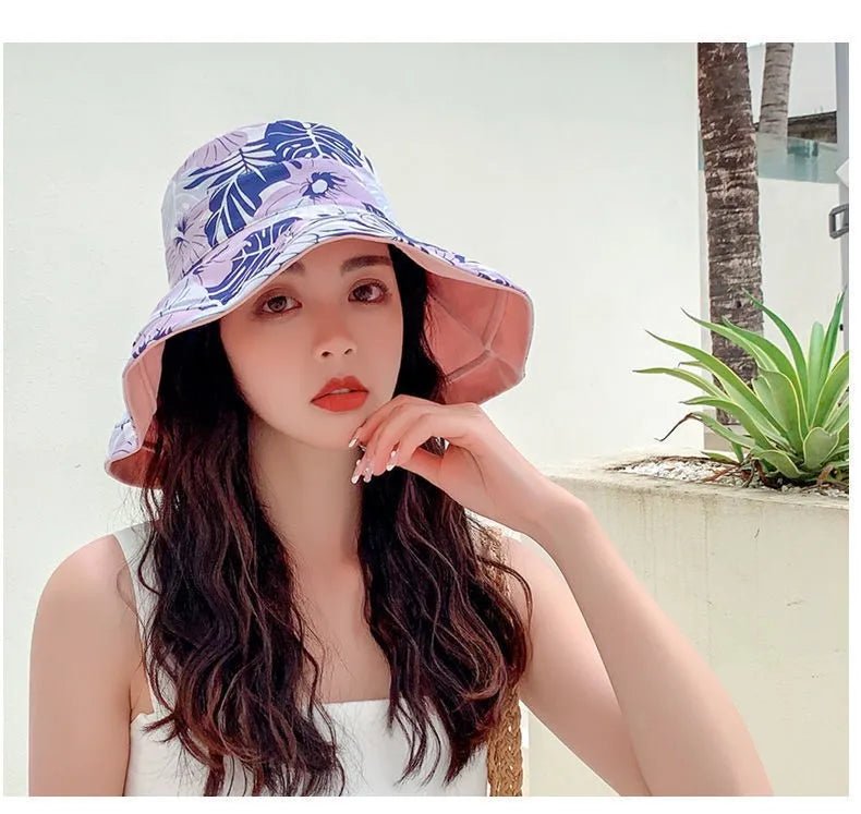 Reversible Foldable Cotton Sun Hat for Women Summer Wide Brim UV Protection Panama Beach Bucket Hat Ladies Girls Outdoor Sea Hat - PratSN