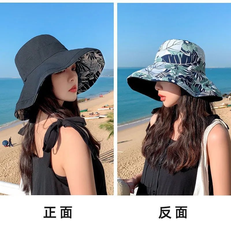 Reversible Foldable Cotton Sun Hat for Women Summer Wide Brim UV Protection Panama Beach Bucket Hat Ladies Girls Outdoor Sea Hat - PratSN