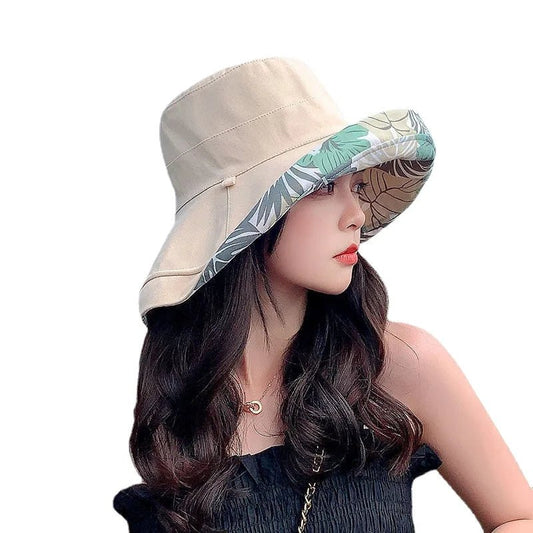 Reversible Foldable Cotton Sun Hat for Women Summer Wide Brim UV Protection Panama Beach Bucket Hat Ladies Girls Outdoor Sea Hat - PratSN
