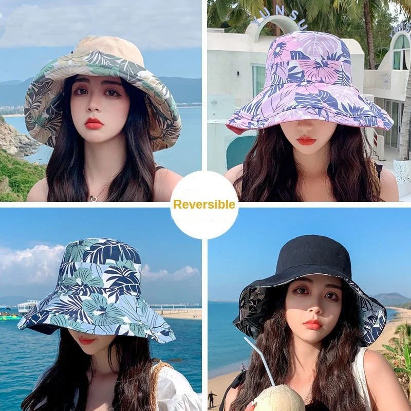 Reversible Foldable Cotton Sun Hat for Women Summer Wide Brim UV Protection Panama Beach Bucket Hat Ladies Girls Outdoor Sea Hat - PratSN
