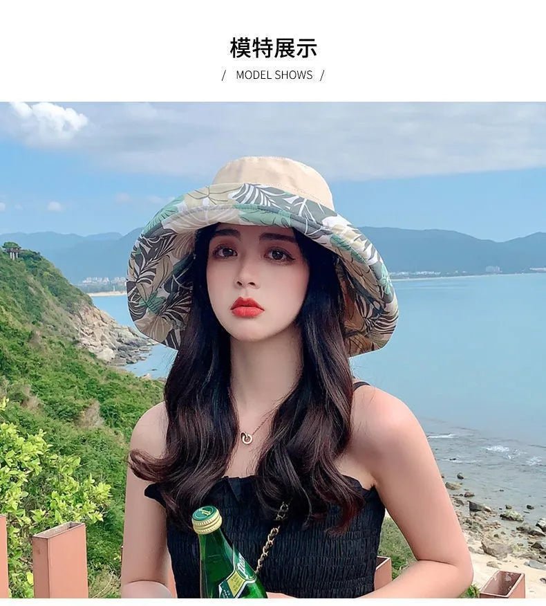 Reversible Foldable Cotton Sun Hat for Women Summer Wide Brim UV Protection Panama Beach Bucket Hat Ladies Girls Outdoor Sea Hat - PratSN