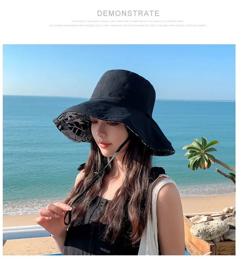 Reversible Foldable Cotton Sun Hat for Women Summer Wide Brim UV Protection Panama Beach Bucket Hat Ladies Girls Outdoor Sea Hat - PratSN