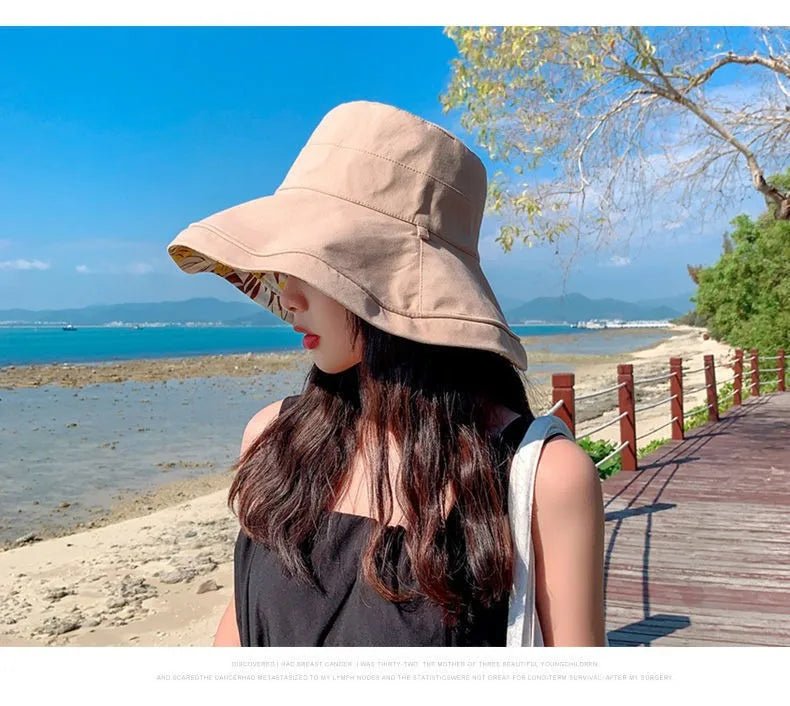 Reversible Foldable Cotton Sun Hat for Women Summer Wide Brim UV Protection Panama Beach Bucket Hat Ladies Girls Outdoor Sea Hat - PratSN