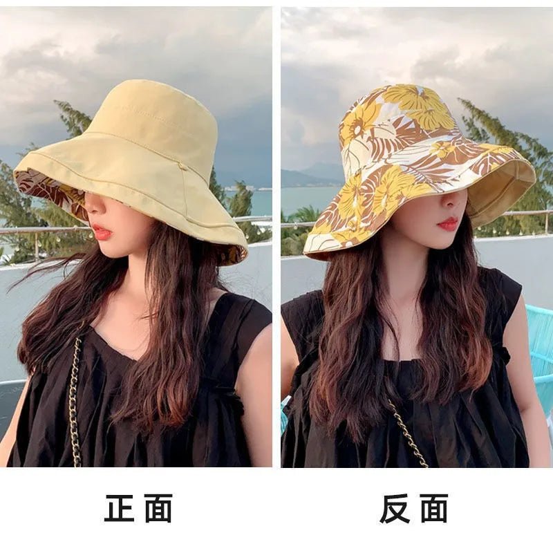 Reversible Foldable Cotton Sun Hat for Women Summer Wide Brim UV Protection Panama Beach Bucket Hat Ladies Girls Outdoor Sea Hat - PratSN