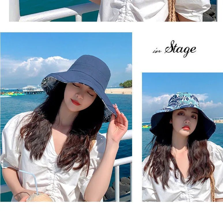 Reversible Foldable Cotton Sun Hat for Women Summer Wide Brim UV Protection Panama Beach Bucket Hat Ladies Girls Outdoor Sea Hat - PratSN