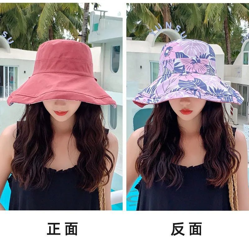 Reversible Foldable Cotton Sun Hat for Women Summer Wide Brim UV Protection Panama Beach Bucket Hat Ladies Girls Outdoor Sea Hat - PratSN
