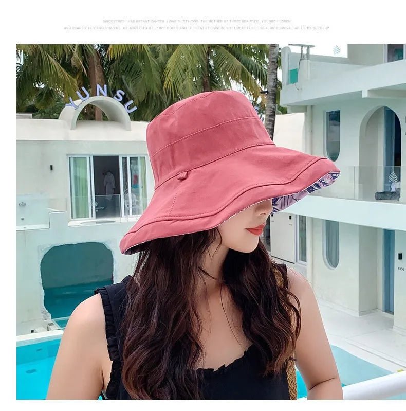 Reversible Foldable Cotton Sun Hat for Women Summer Wide Brim UV Protection Panama Beach Bucket Hat Ladies Girls Outdoor Sea Hat - PratSN