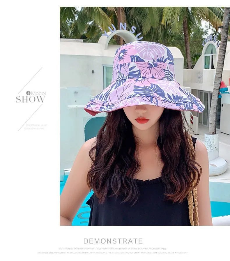 Reversible Foldable Cotton Sun Hat for Women Summer Wide Brim UV Protection Panama Beach Bucket Hat Ladies Girls Outdoor Sea Hat - PratSN