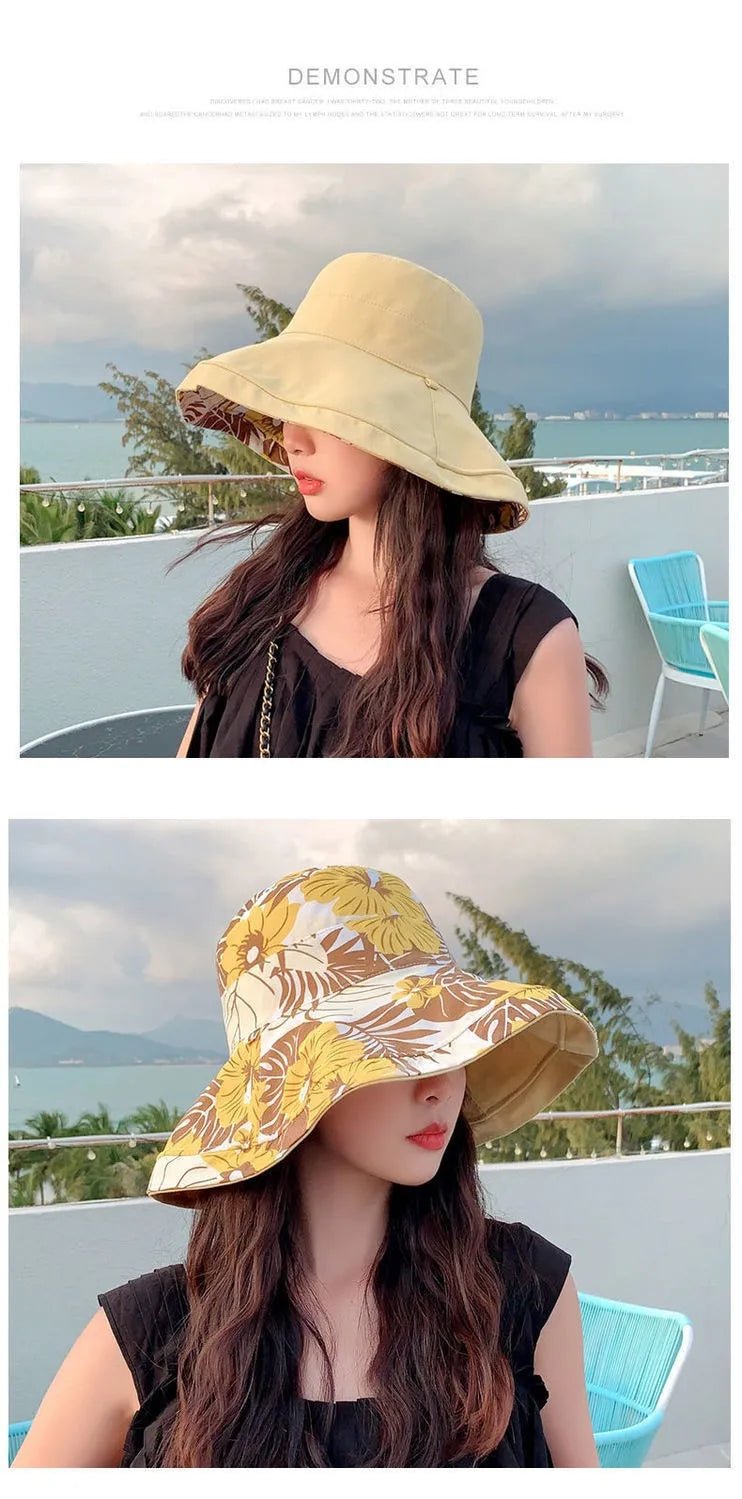 Reversible Foldable Cotton Sun Hat for Women Summer Wide Brim UV Protection Panama Beach Bucket Hat Ladies Girls Outdoor Sea Hat - PratSN