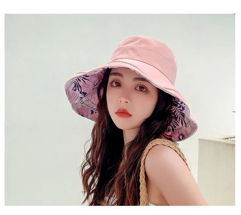Reversible Foldable Cotton Sun Hat for Women Summer Wide Brim UV Protection Panama Beach Bucket Hat Ladies Girls Outdoor Sea Hat - PratSN