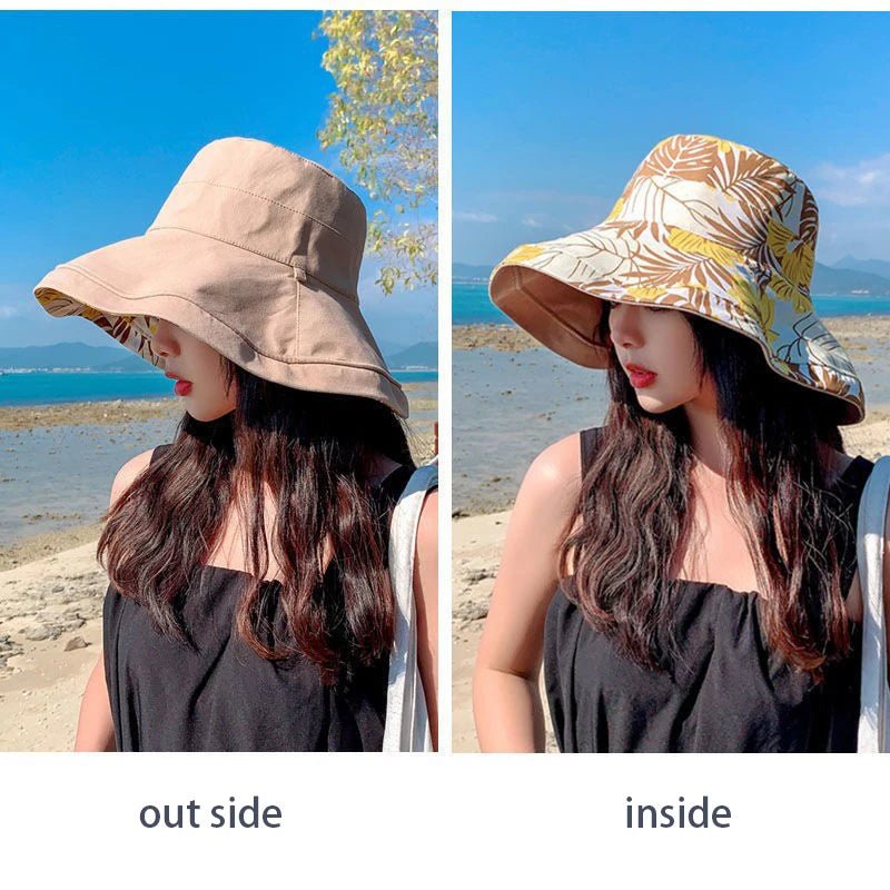 Reversible Foldable Cotton Sun Hat for Women Summer Wide Brim UV Protection Panama Beach Bucket Hat Ladies Girls Outdoor Sea Hat - PratSN