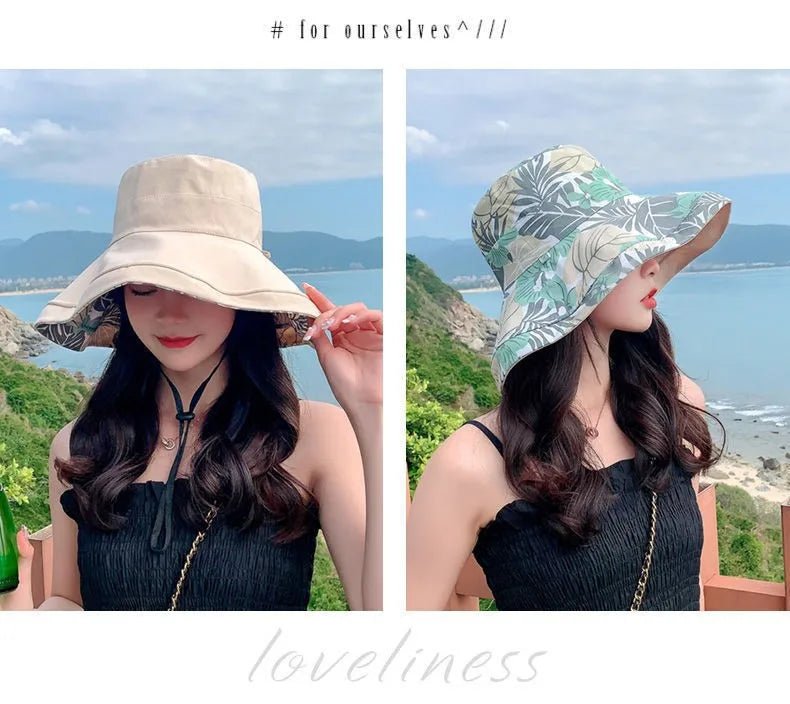 Reversible Foldable Cotton Sun Hat for Women Summer Wide Brim UV Protection Panama Beach Bucket Hat Ladies Girls Outdoor Sea Hat - PratSN