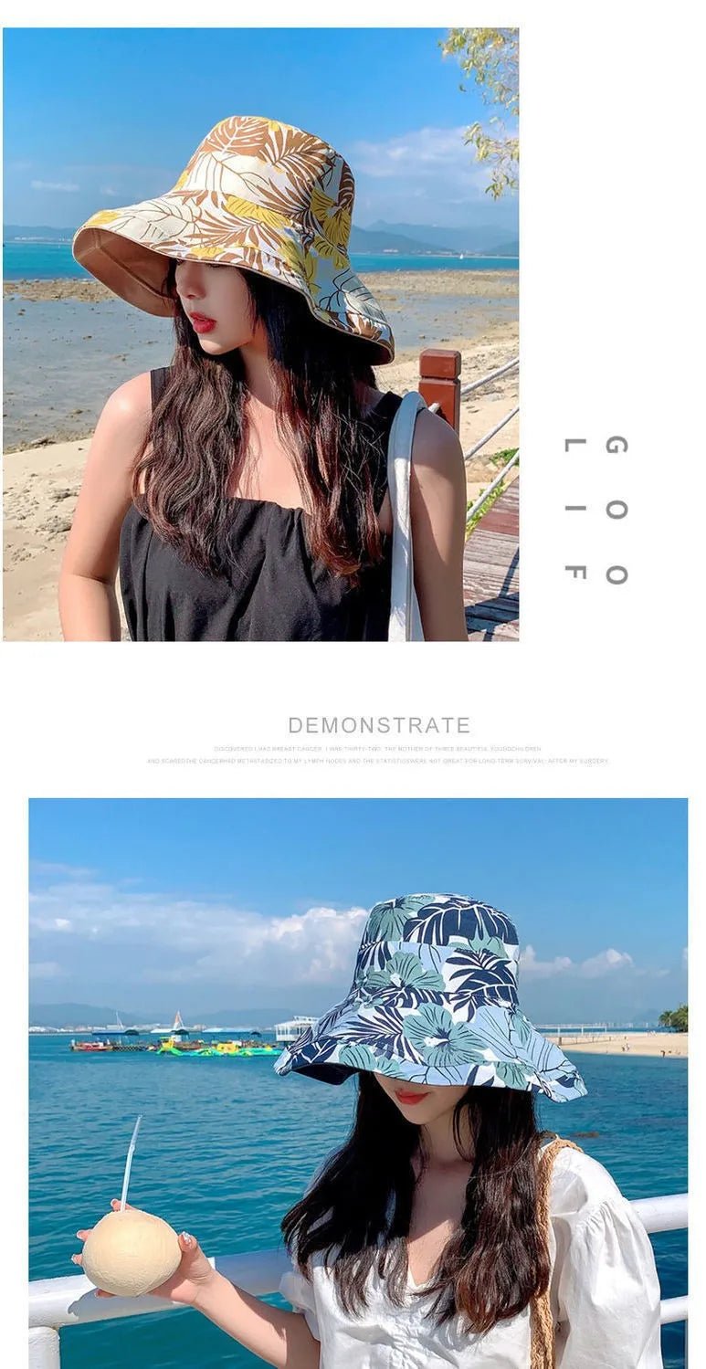 Reversible Foldable Cotton Sun Hat for Women Summer Wide Brim UV Protection Panama Beach Bucket Hat Ladies Girls Outdoor Sea Hat - PratSN