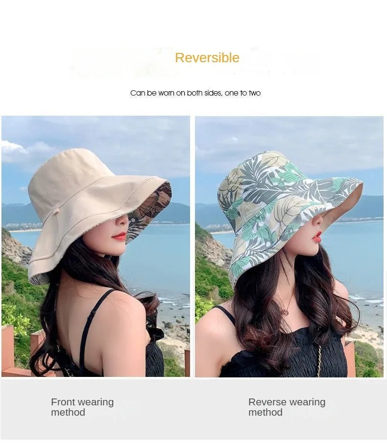 Reversible Foldable Cotton Sun Hat for Women Summer Wide Brim UV Protection Panama Beach Bucket Hat Ladies Girls Outdoor Sea Hat - PratSN