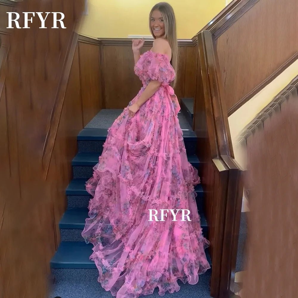 RFYR Floral Prom Dress Princess Off Shoulder Party Dress Rufles Evening Vestidos - PratSN