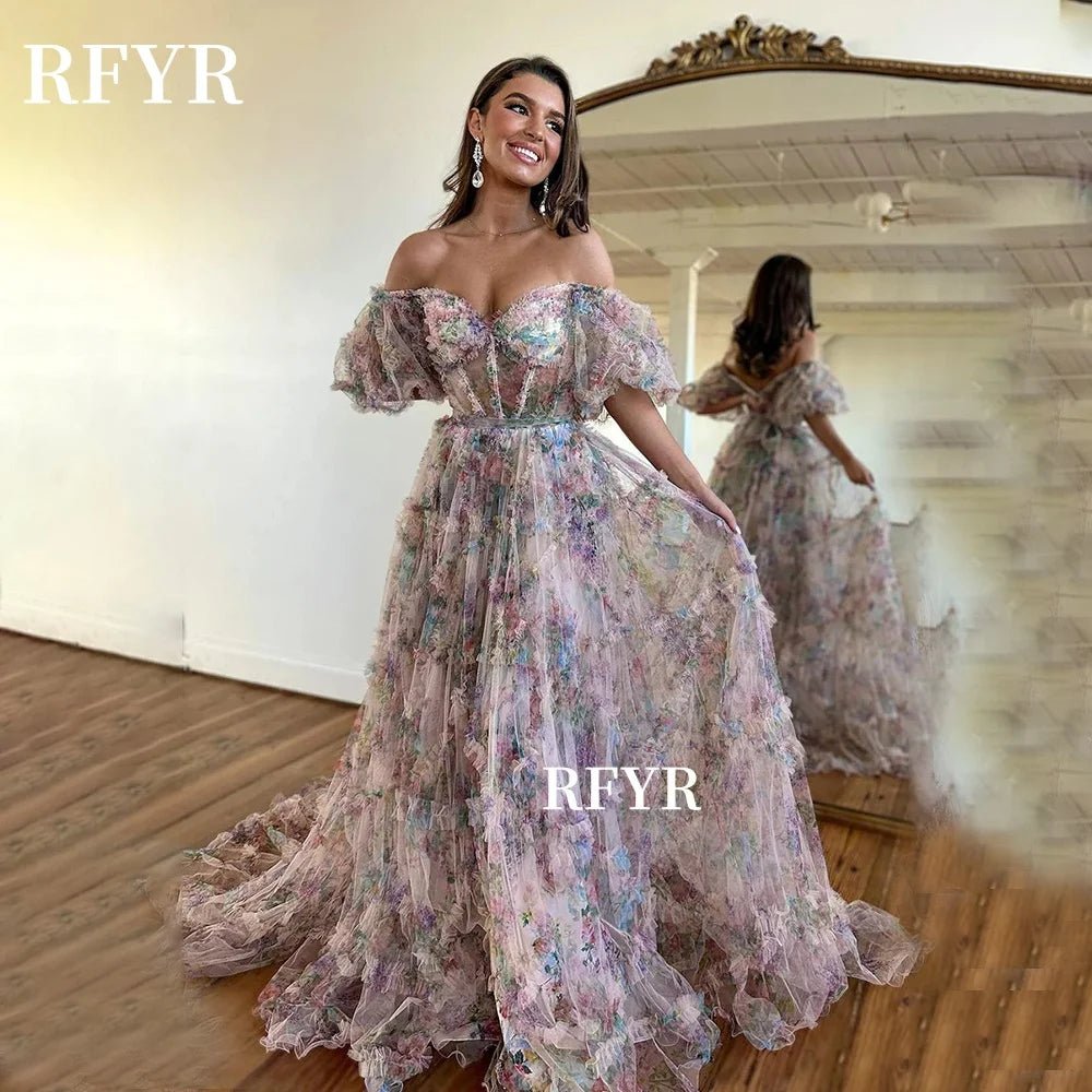RFYR Floral Prom Dress Princess Off Shoulder Party Dress Rufles Evening Vestidos - PratSN