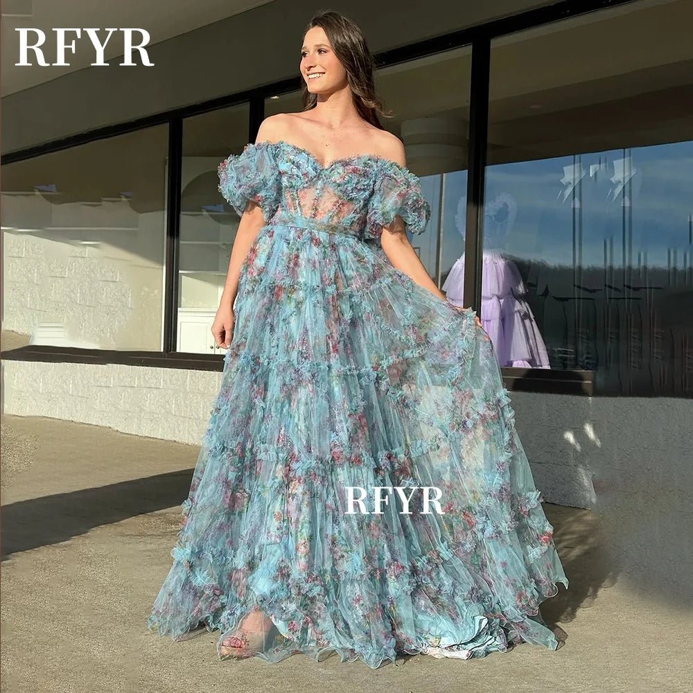 RFYR Floral Prom Dress Princess Off Shoulder Party Dress Rufles Evening Vestidos - PratSN