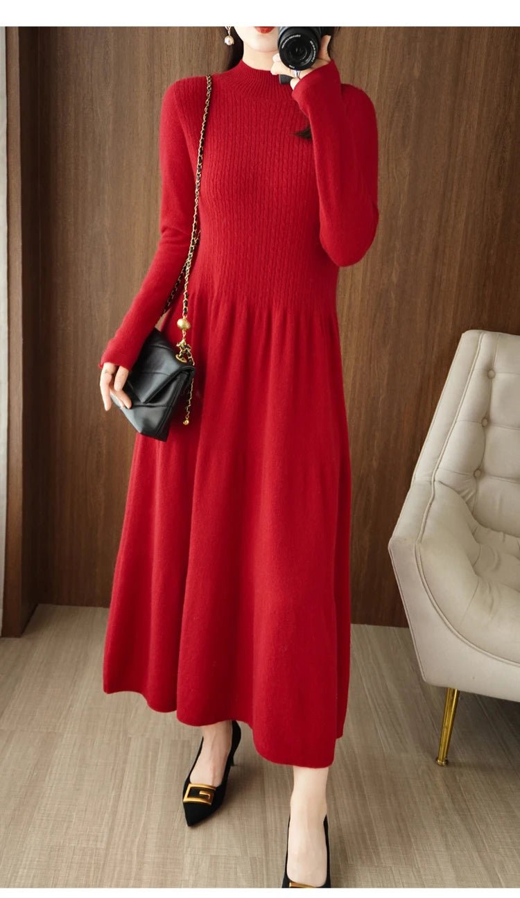 RONGYI Elegant Fashion Dresses Cashmere Sweater Knitted Long Dress 1O0% Merino Wool Women Turtleneck Office Skirt Autumn Winter - PratSN