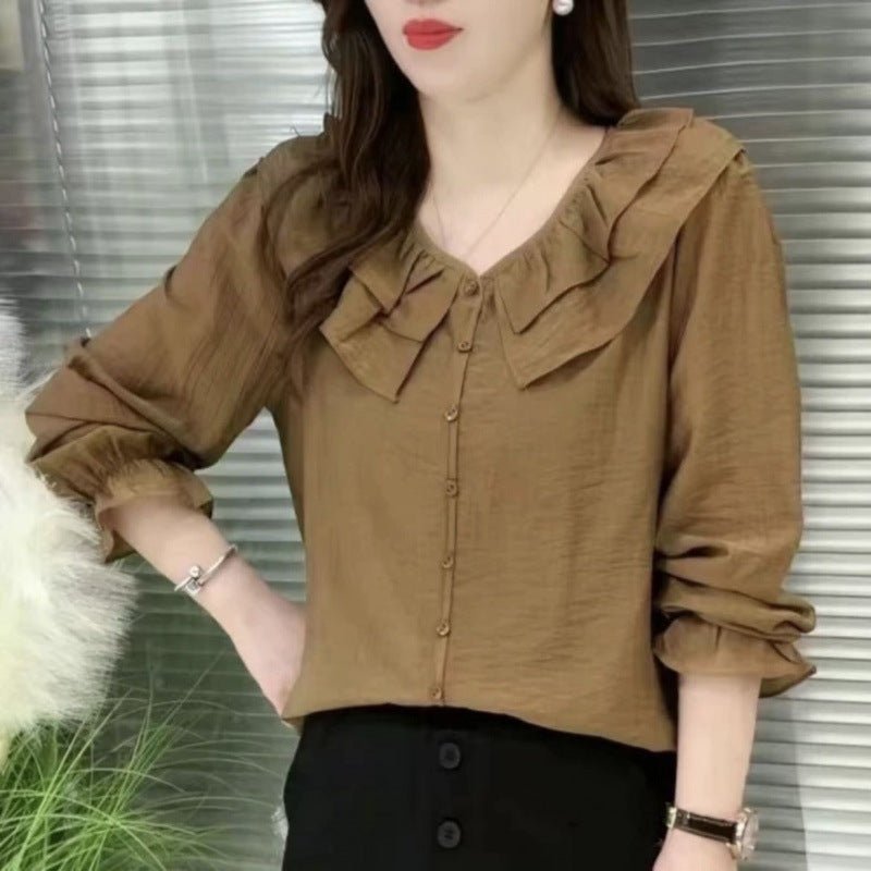 Round Neck Lace Solid Color Slimming Long - sleeved Shirt - PratSN