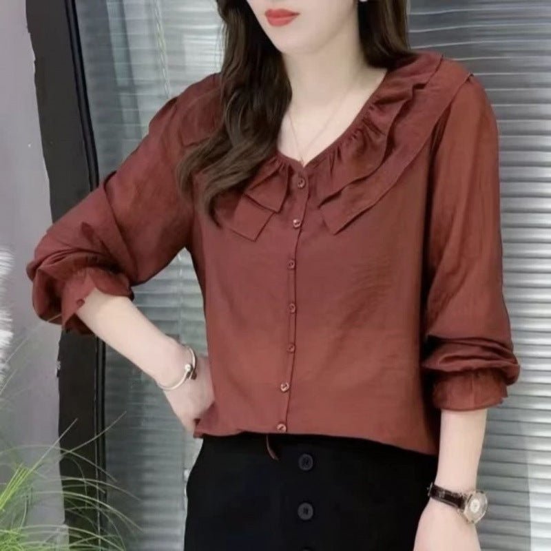 Round Neck Lace Solid Color Slimming Long - sleeved Shirt - PratSN