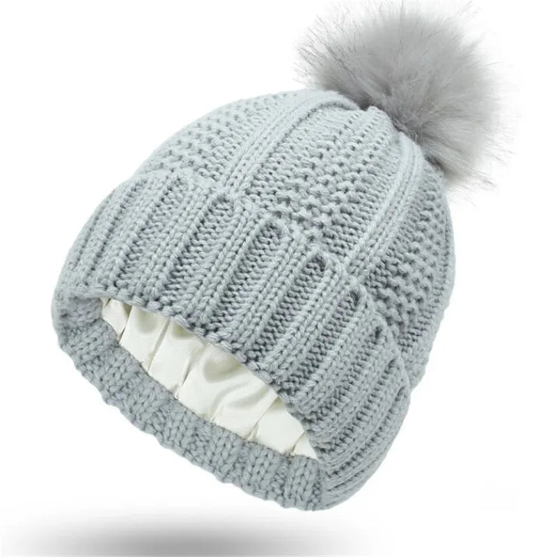 Satin Lined Winter Hat For Women Men Beanie Fashion Fur Ball Pompom Knitted Silk Caps For Men Female Wool Crochet Satin Bonnet - PratSN