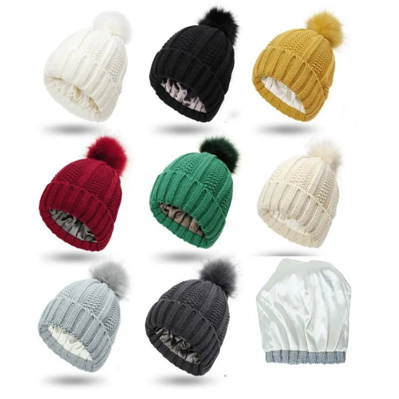 Satin Lined Winter Hat For Women Men Beanie Fashion Fur Ball Pompom Knitted Silk Caps For Men Female Wool Crochet Satin Bonnet - PratSN
