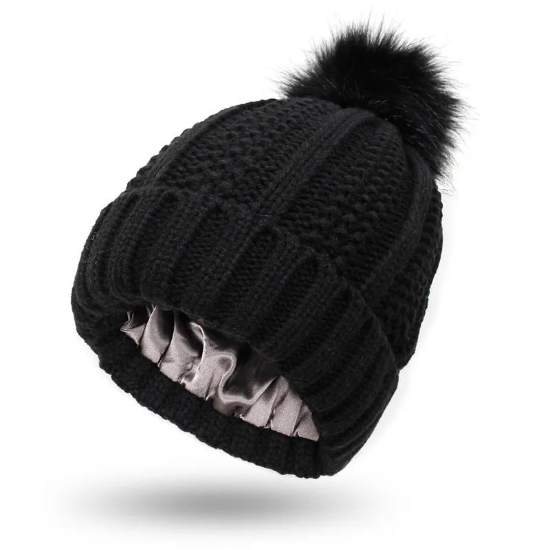 Satin Lined Winter Hat For Women Men Beanie Fashion Fur Ball Pompom Knitted Silk Caps For Men Female Wool Crochet Satin Bonnet - PratSN