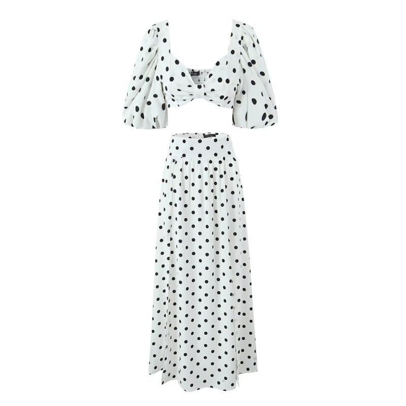 Seaside Vacation Sexy Polka Dot Split Top Mid - length Dress Set - PratSN