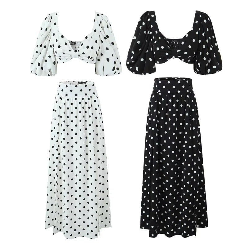 Seaside Vacation Sexy Polka Dot Split Top Mid - length Dress Set - PratSN
