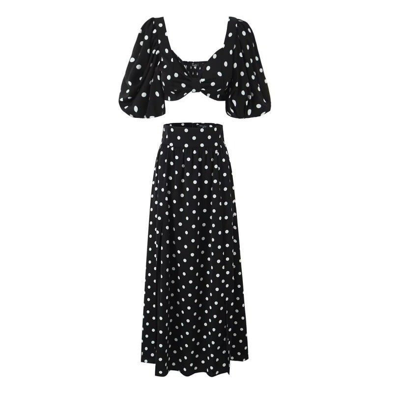 Seaside Vacation Sexy Polka Dot Split Top Mid - length Dress Set - PratSN