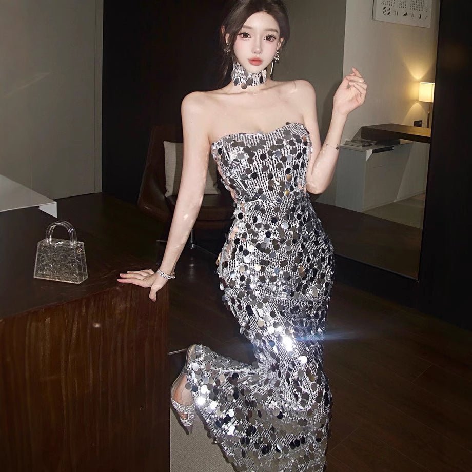 Sequin Engagement Evening Dress For Toasting High - end Light Luxury High - end Host Fishtail Strapless Dress - PratSN