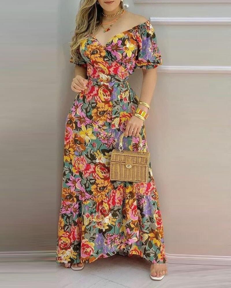 Short Sleeve Printed V - neck Waist - controlled Lace - up Dress - PratSN