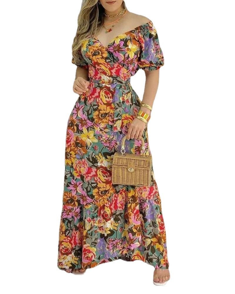 Short Sleeve Printed V - neck Waist - controlled Lace - up Dress - PratSN