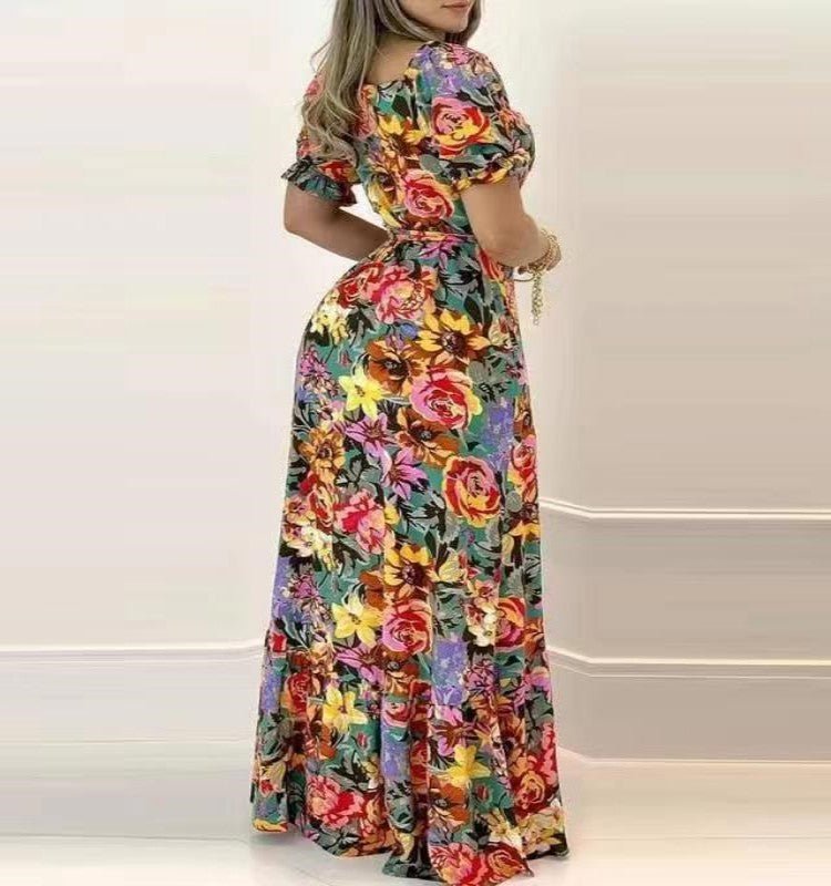 Short Sleeve Printed V - neck Waist - controlled Lace - up Dress - PratSN