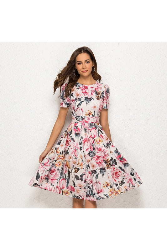 Short - sleeved floral print party dress - PratSN