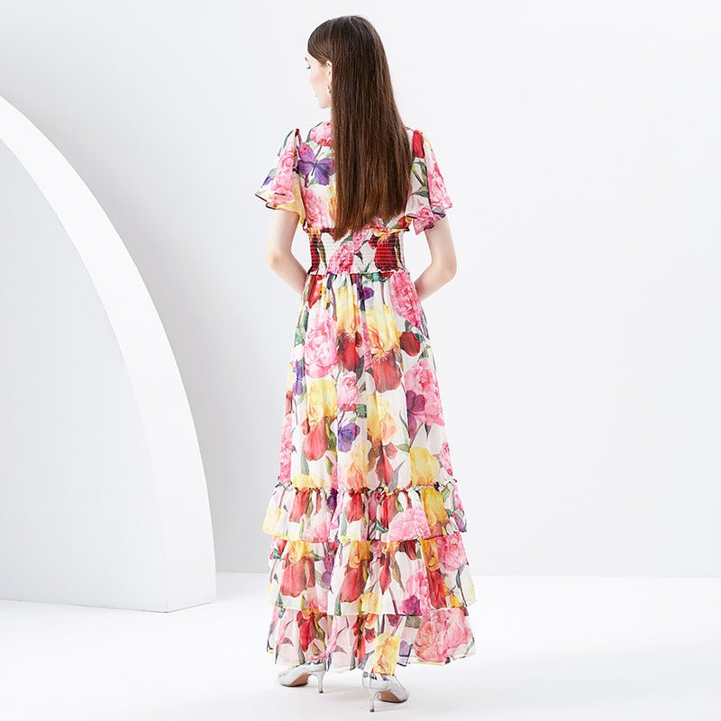 Silver Printing Long Tiered - ruffle Dress - PratSN