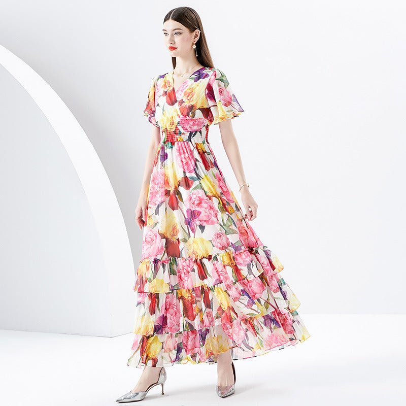 Silver Printing Long Tiered - ruffle Dress - PratSN