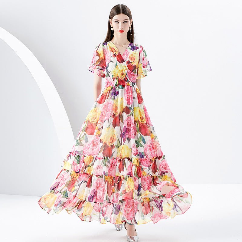 Silver Printing Long Tiered - ruffle Dress - PratSN