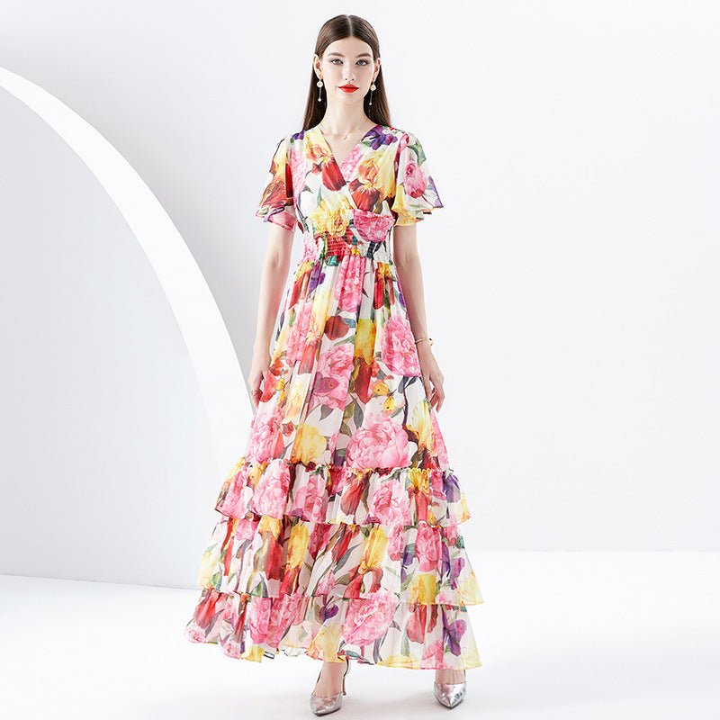 Silver Printing Long Tiered - ruffle Dress - PratSN