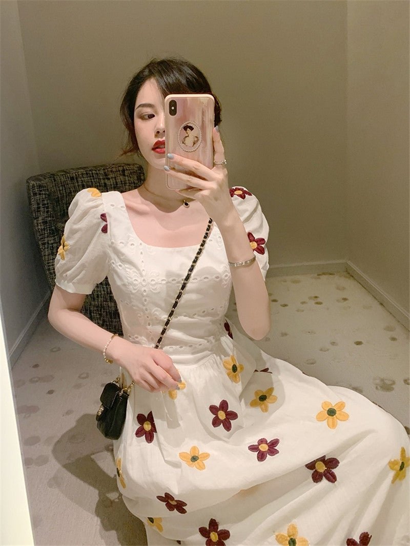 Skirt Summer Women"s New French Floral Dress With Slim Waist And Goddess Style Bubble Sleeve Skirt - PratSN