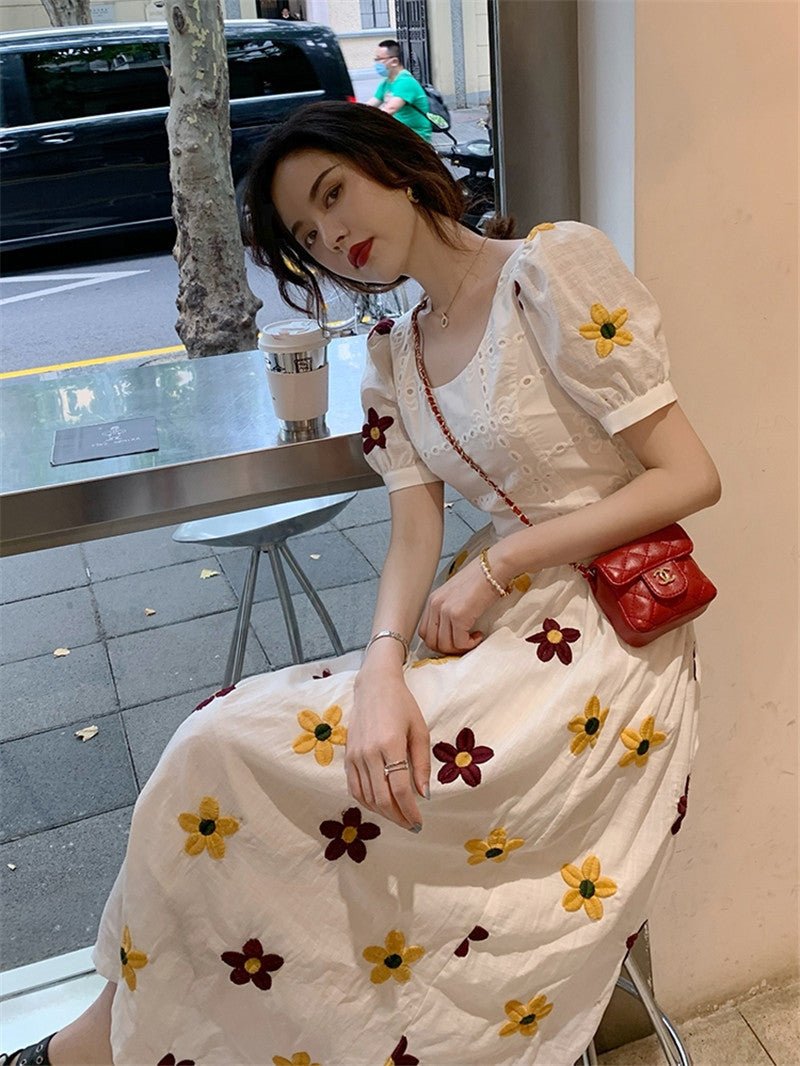 Skirt Summer Women"s New French Floral Dress With Slim Waist And Goddess Style Bubble Sleeve Skirt - PratSN