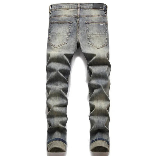 Slim Fit Men's Denim Jeans with Embroidered Leather Patch Hole Punching Casual Trousers Black White Star - PratSN