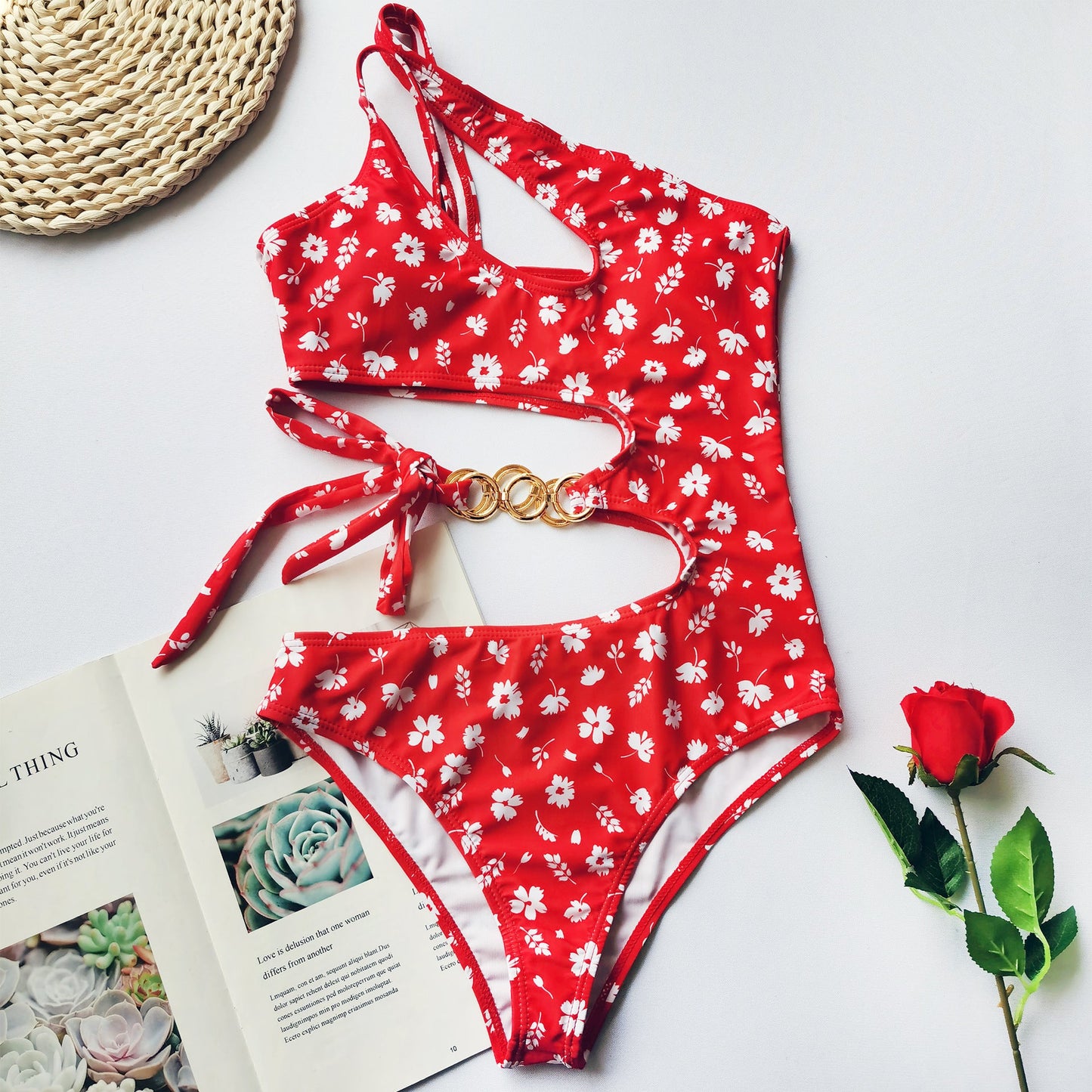 Split Small Floral One - Piece Irregular Stitching Bikini - PratSN