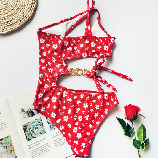 Split Small Floral One - Piece Irregular Stitching Bikini - PratSN
