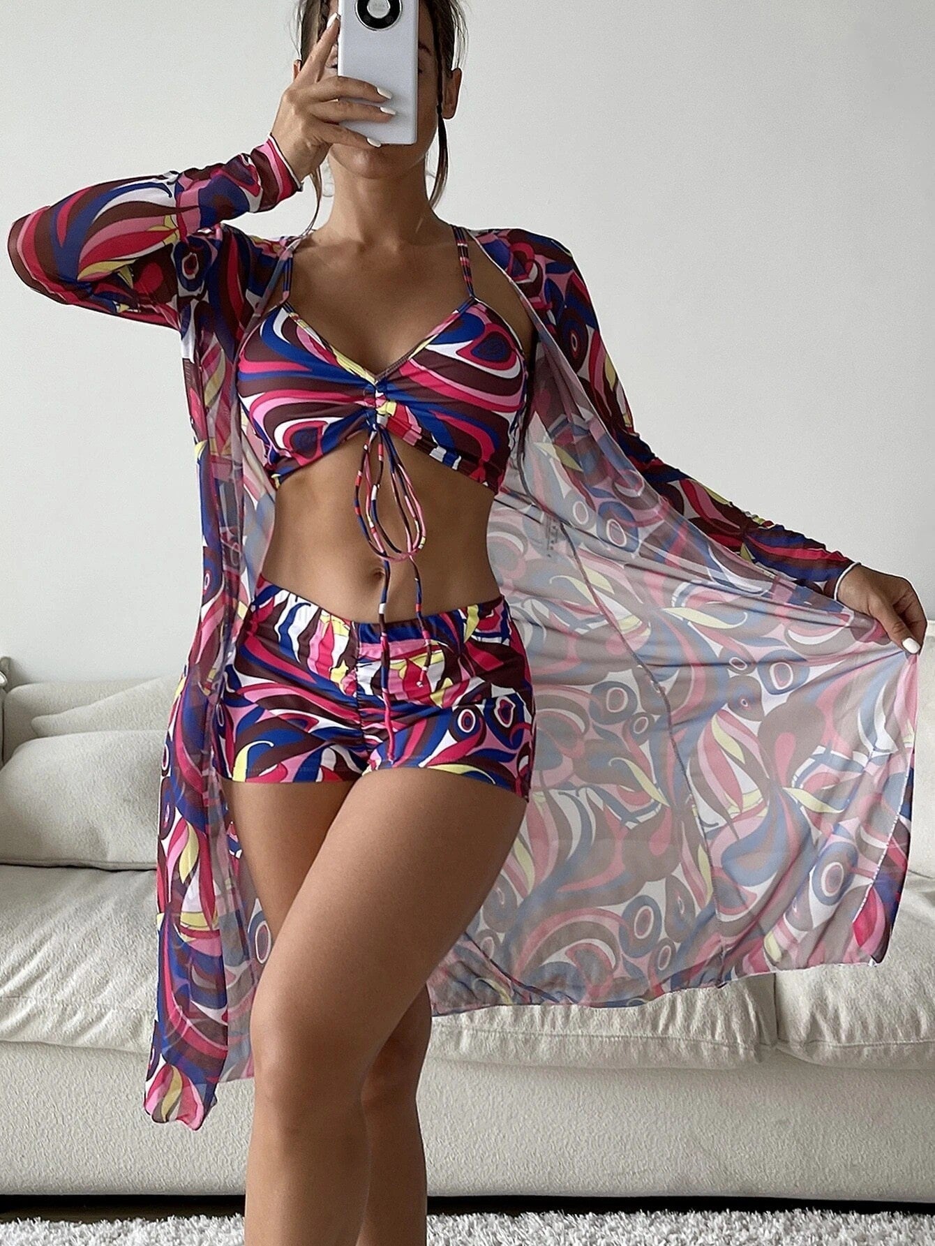 Split Three Piece Swimsuit Women's Printed Long Shawl Drawstring Boxers Bikini - PratSN
