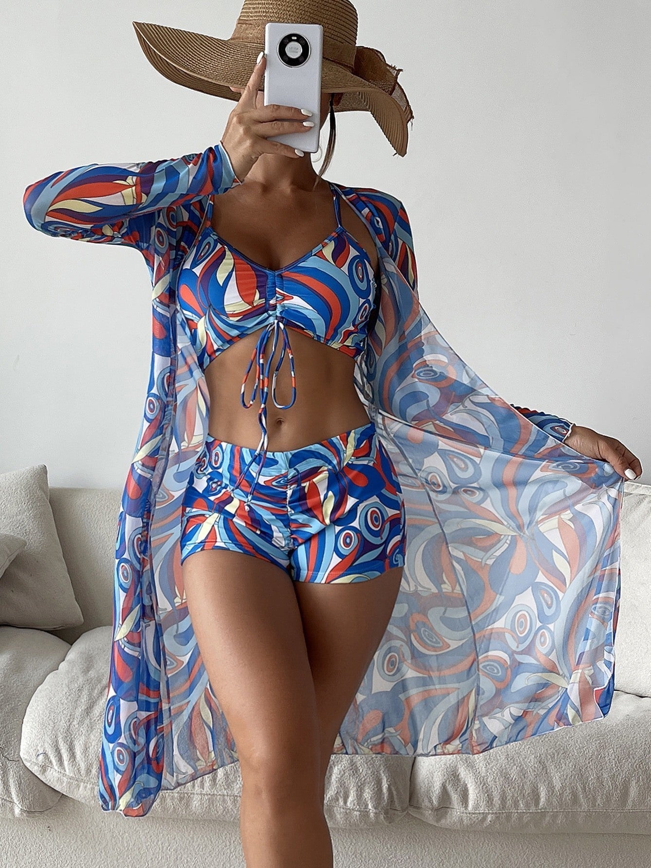 Split Three Piece Swimsuit Women's Printed Long Shawl Drawstring Boxers Bikini - PratSN