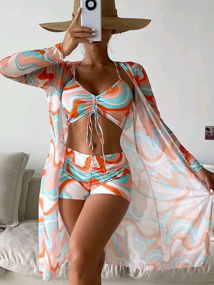 Split Three Piece Swimsuit Women's Printed Long Shawl Drawstring Boxers Bikini - PratSN