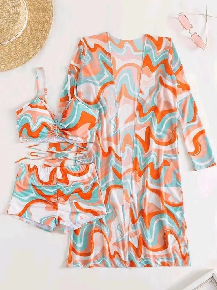 Split Three Piece Swimsuit Women's Printed Long Shawl Drawstring Boxers Bikini - PratSN