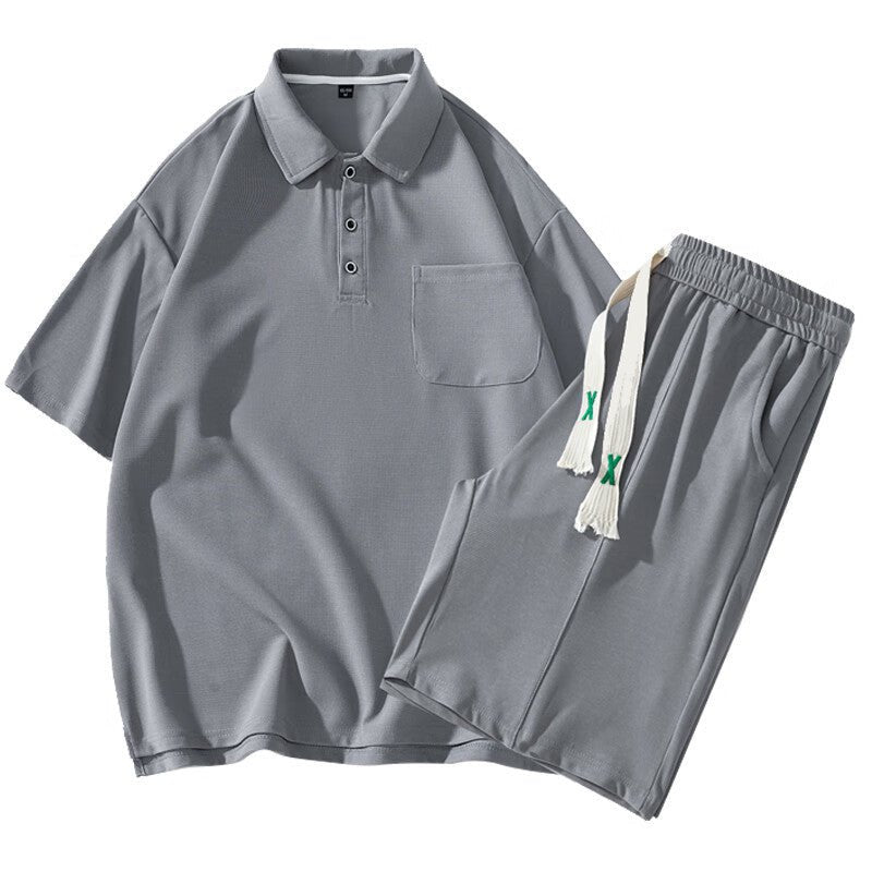Sports Suit Men's Short - sleeved Thin Lapels T-shirt Shorts Running Leisure Two - piece Set - PratSN