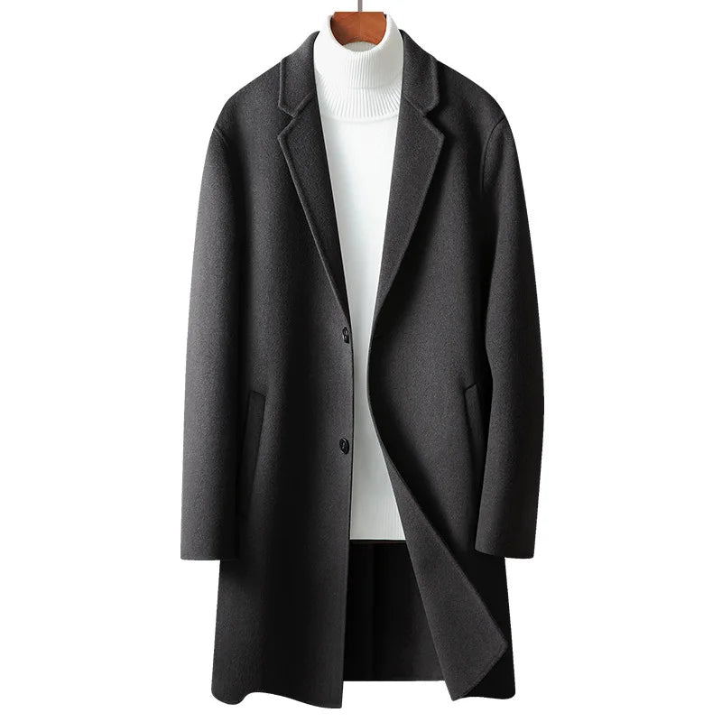 Spring and Autumn Men's Coat Handmade Double - faced Woolen Solid Color Casual Medium - length Woolen Coat Jacket - PratSN